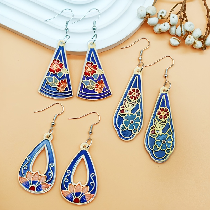 Chinese Style Floral Acrylic Water Drop Earrings Set